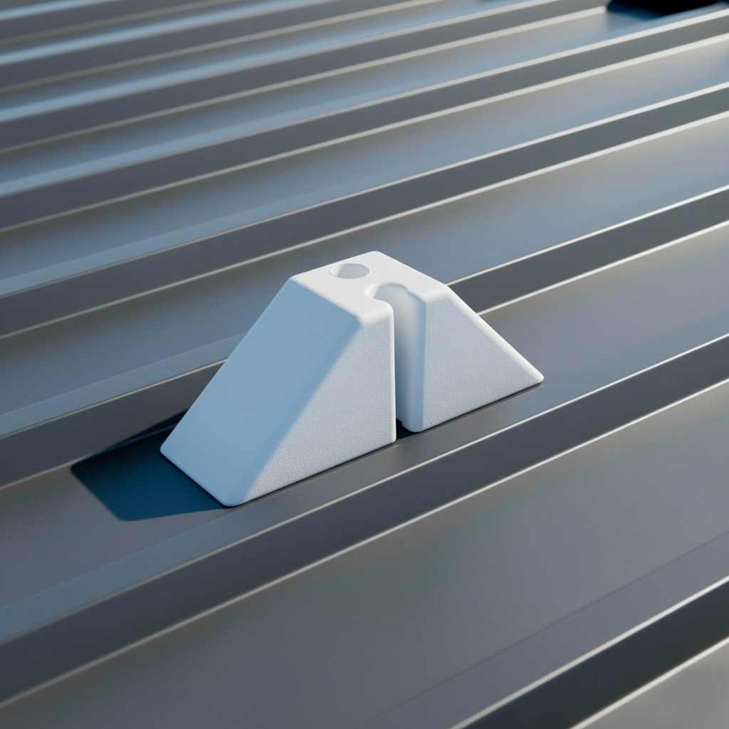 Calço T40 branco assentado na crista de uma telha metálica trapezoidal