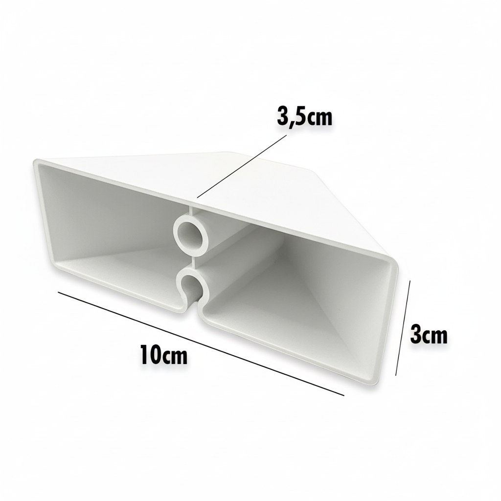 Calço T40 branco com as cotas: 10 cm de comprimento, 3,5 cm de topo e 3 cm de altura